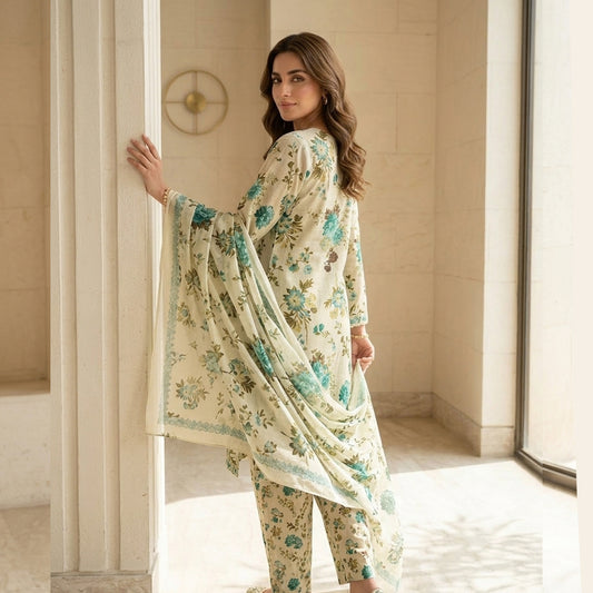 Woman wearing a floral outfit standing in a bright room with large windows.