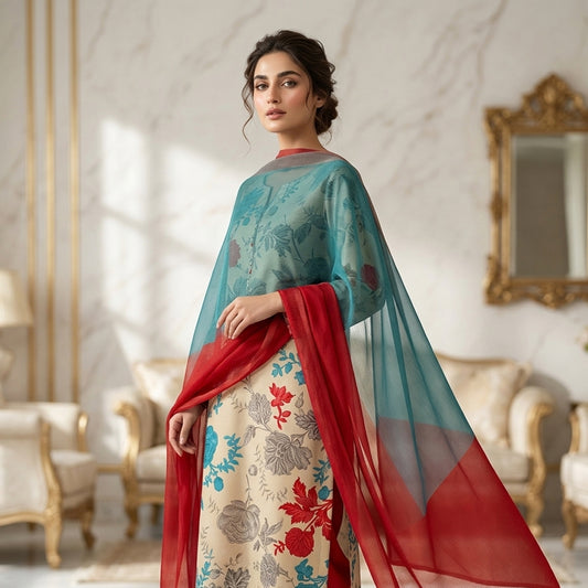 Woman in a traditional outfit with a floral design in a luxurious room.