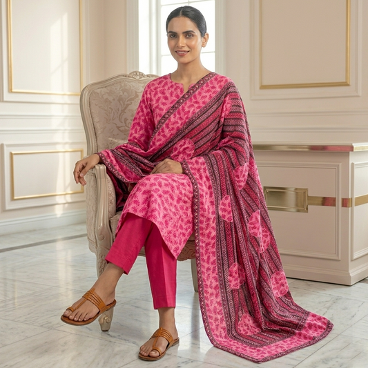 Woman sitting on a chair wearing a pink traditional outfit with a matching dupatta in a well-decorated room.