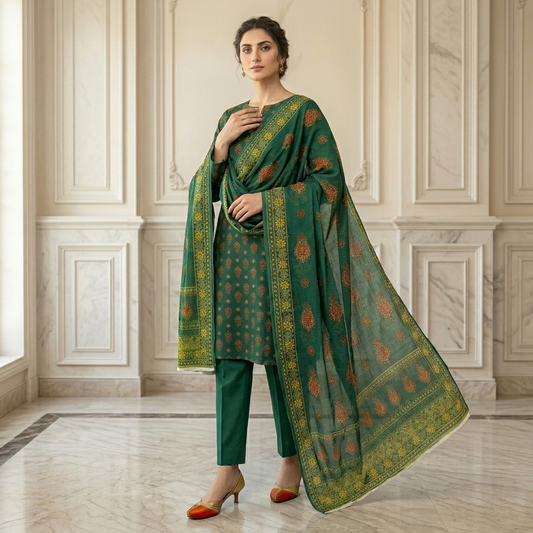 Woman in a green traditional outfit with a matching dupatta in an elegant room.