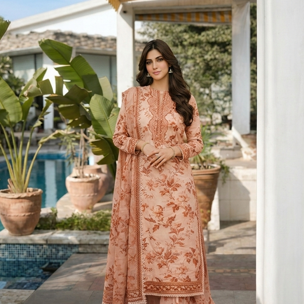 Woman in a peach embroidered dress standing outdoors near a pool with plants.