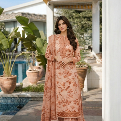Woman in a peach embroidered dress standing outdoors near a pool with plants.