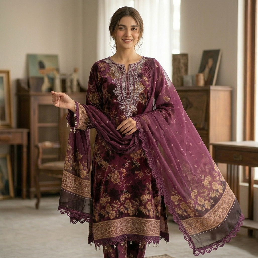 Woman wearing a traditional outfit with a purple and gold pattern in a room with wooden furniture.