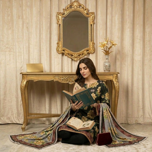 Woman in a floral dress sitting on the floor reading a book in a room with a decorative mirror and table.