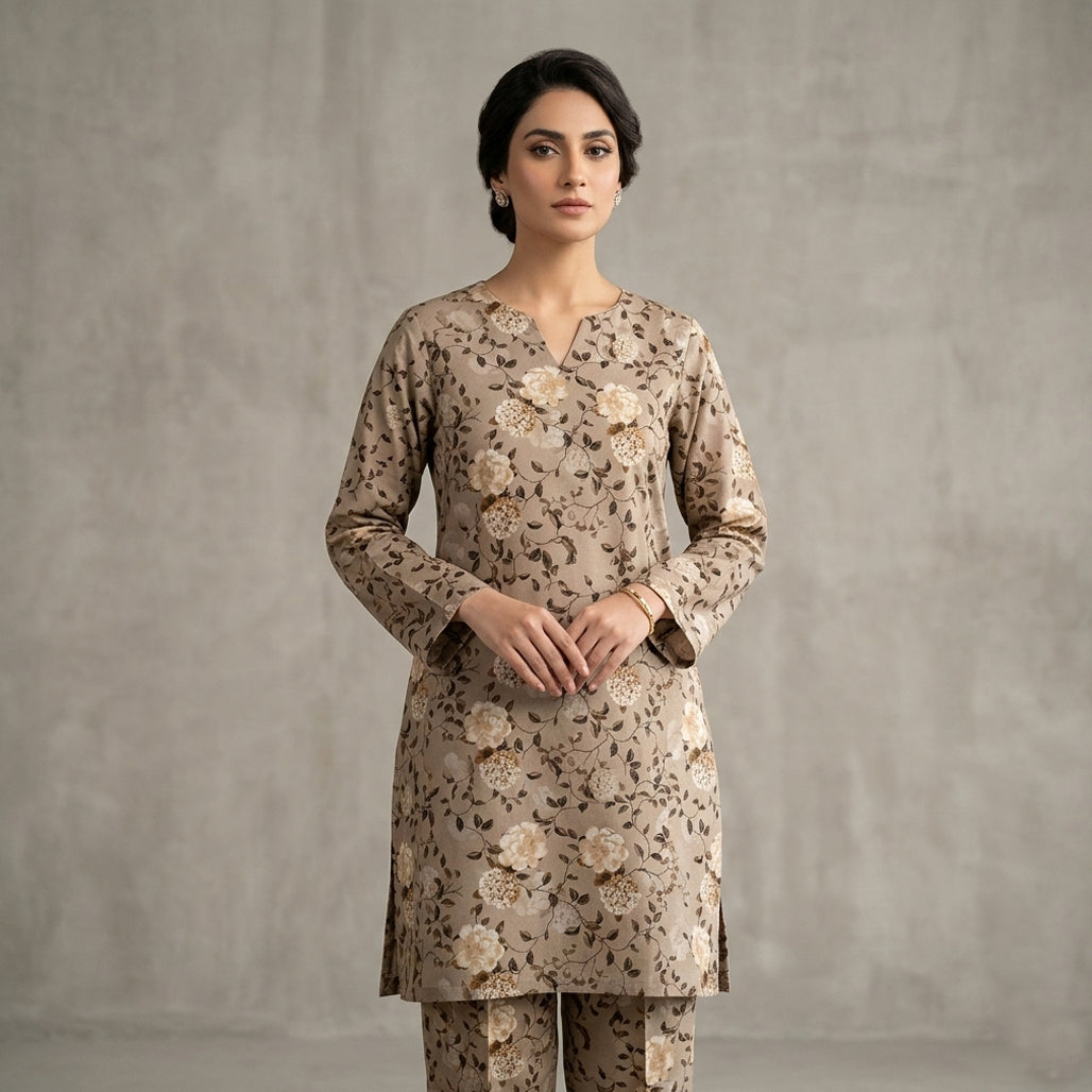 Woman wearing a floral kurta with a plain background