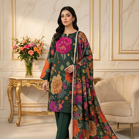 Woman wearing a floral dress in an elegant room with flowers and furniture.