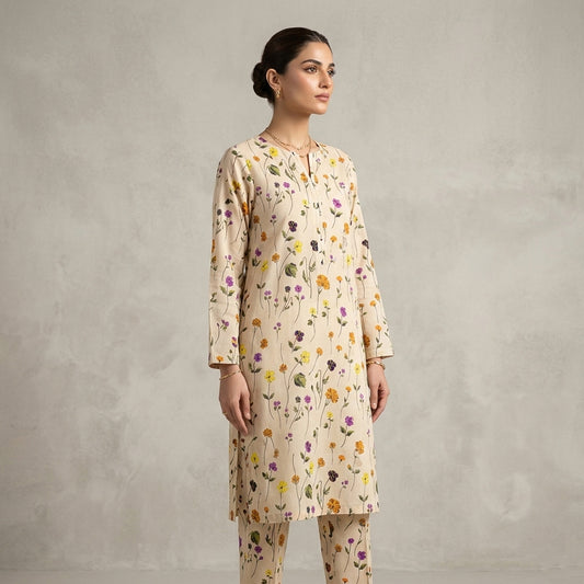 Woman wearing a floral kurta with a plain background