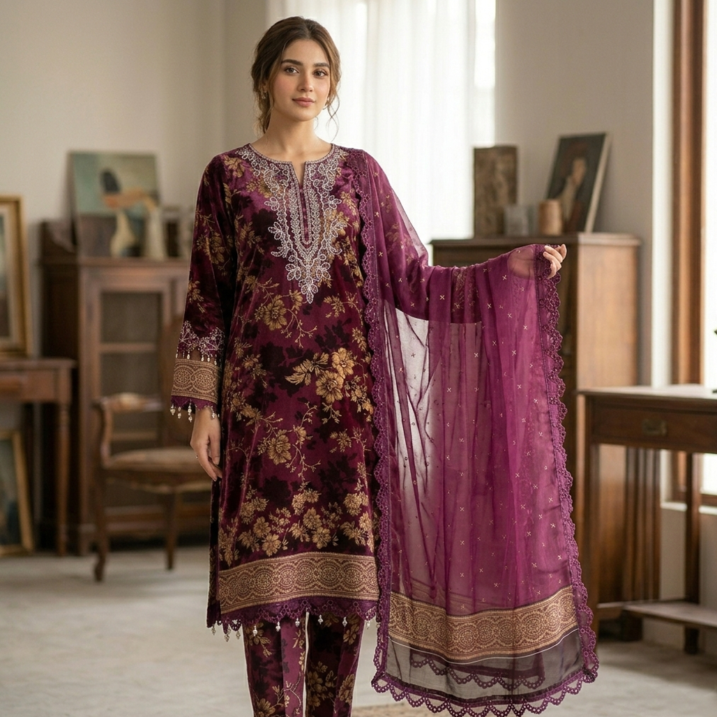 Woman wearing a traditional purple and gold outfit in a room with furniture and paintings.