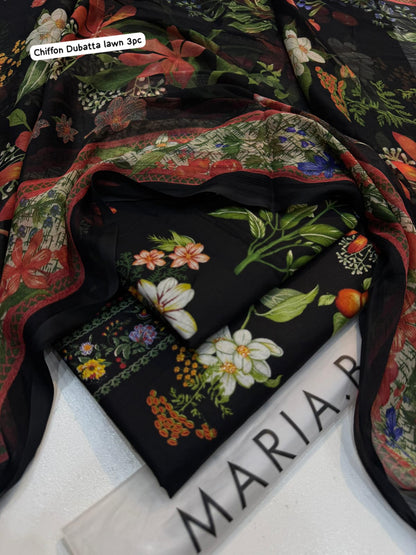 Floral fabric with colorful patterns on a black background, branded 'Maria'.