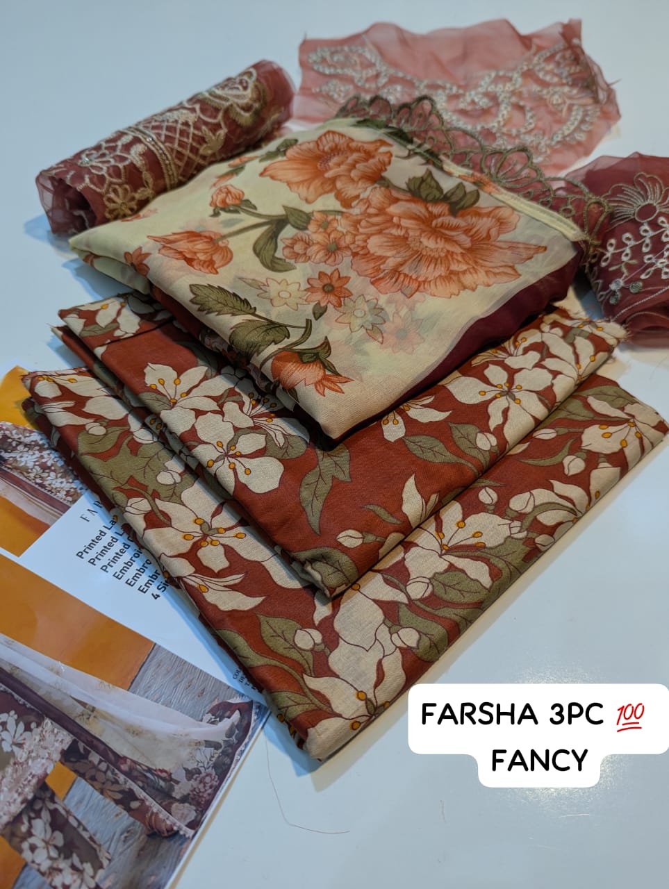 Set of floral-patterned fabric pieces on a white surface with 'FARSHA 3PC FANCY' text.