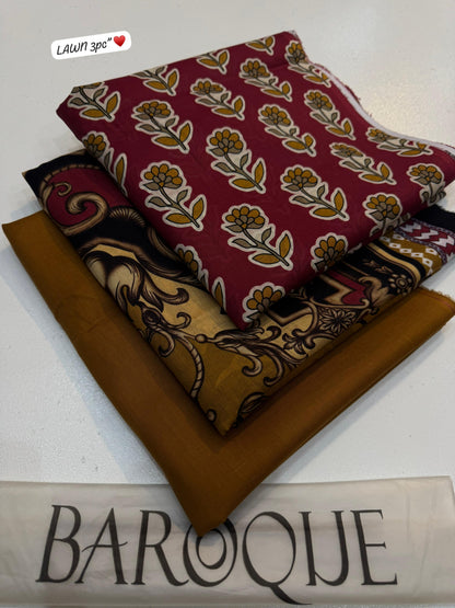 Stack of fabric swatches with patterns and a brown swatch labeled 'Baroque' on a white background.