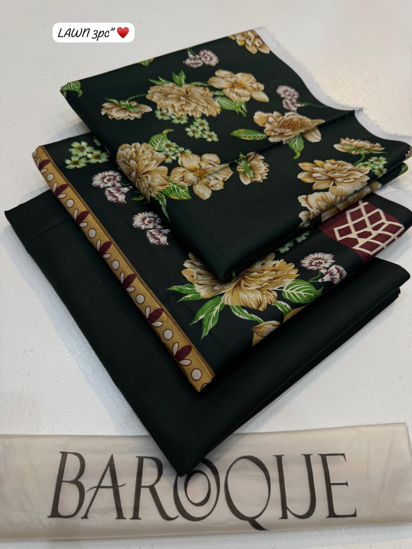 Floral fabric swatches on a black background with 'BAROQUE' text.