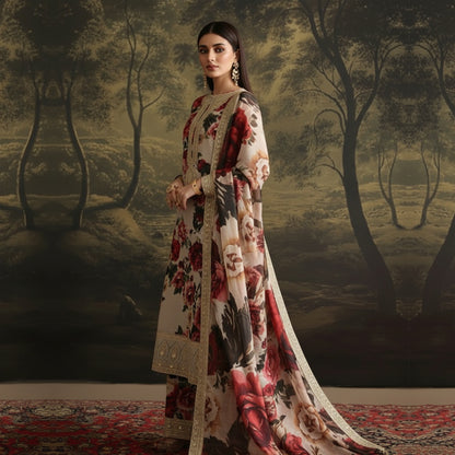 Woman in a floral dress standing in front of a scenic wall mural.